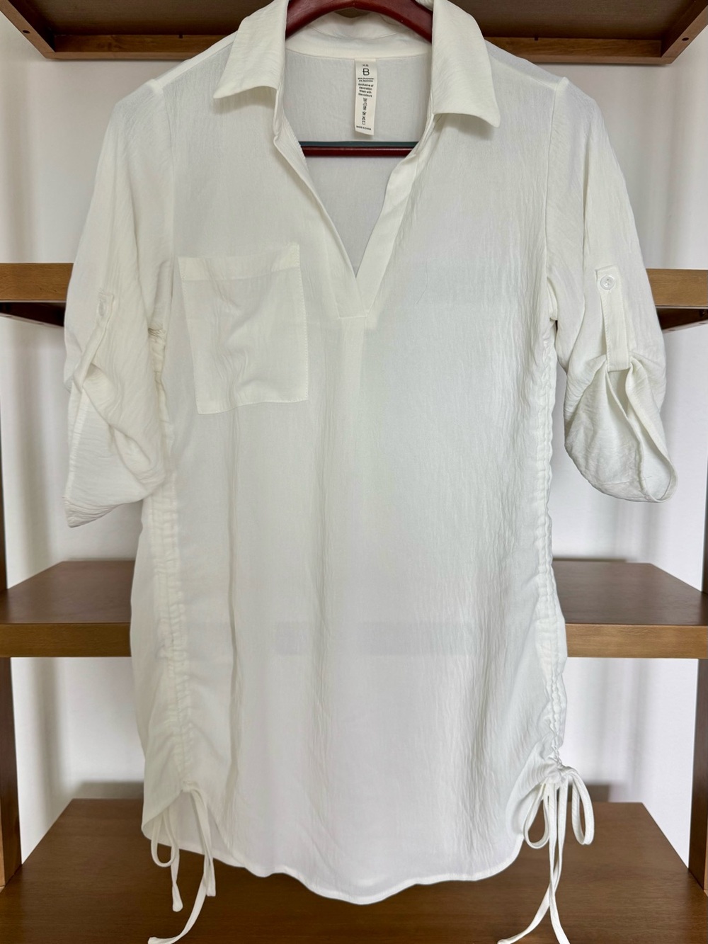 White Pullover Tunic Shirt with Drawstring Sides - Casual Women's Shirt